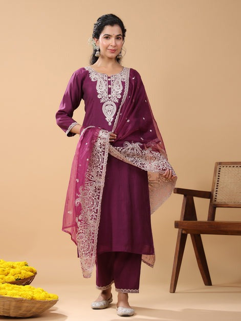 Wine Embroidered Silk Kurti Palazzo Set with Dupatta