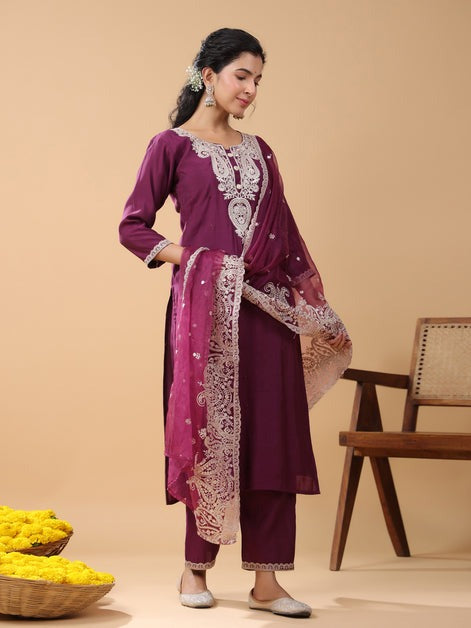 Wine Embroidered Silk Kurti Palazzo Set with Dupatta