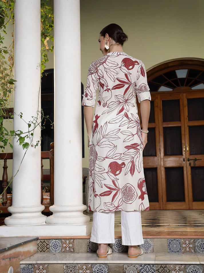 Off White & Maroon Cotton Botanic Printed Kurti Top (Top Only)