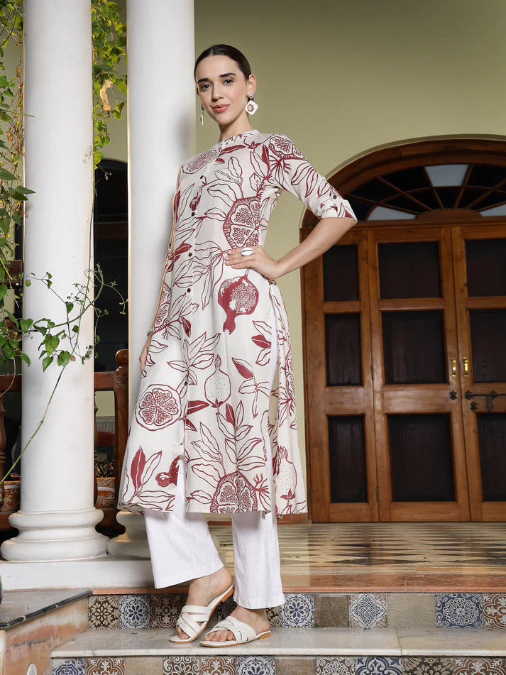 Off White & Maroon Cotton Botanic Printed Kurti Top (Top Only)