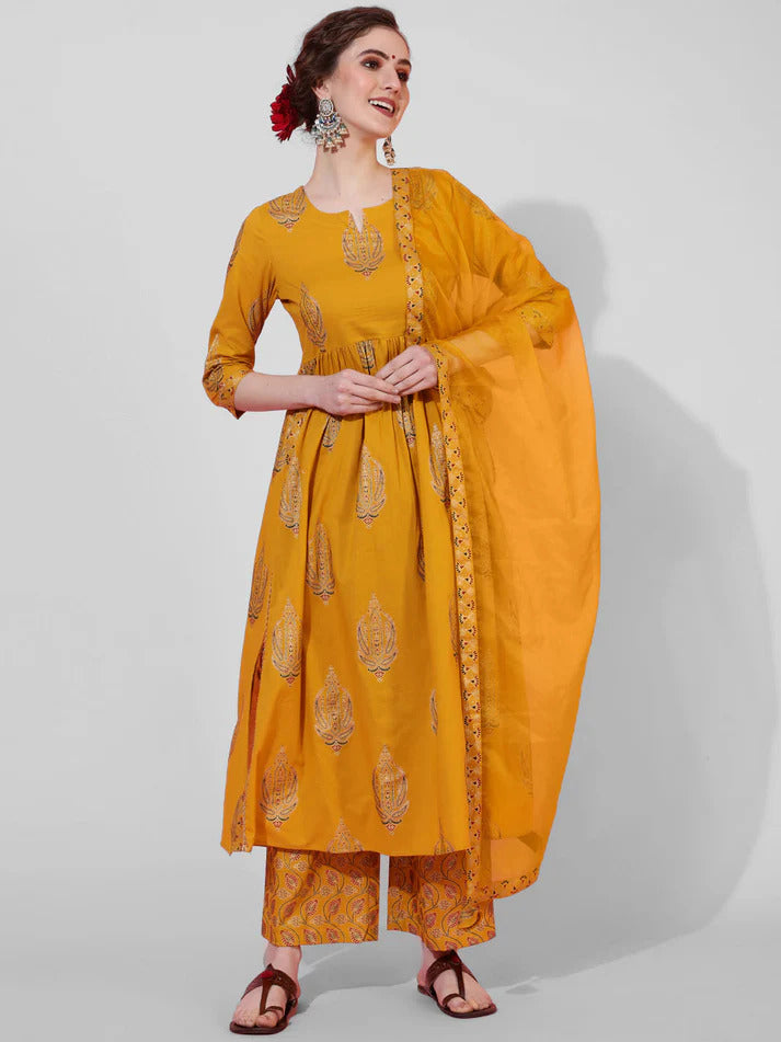 Mustard Rayon Foil Printed Naira Cut Kurti Palazzo Set with Dupatta
