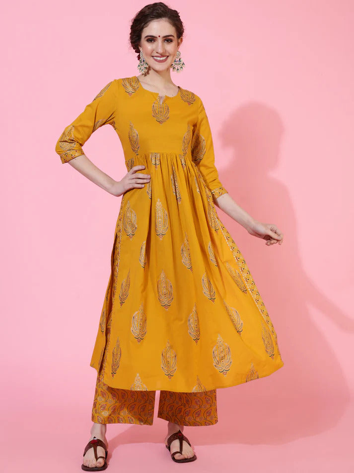 Mustard Rayon Foil Printed Naira Cut Kurti Palazzo Set with Dupatta
