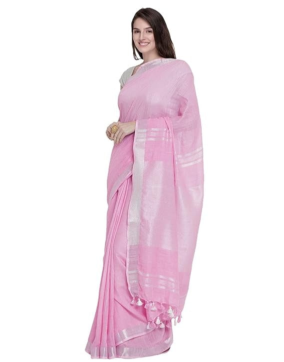 Pink Pure Linen Saree with Silver Border