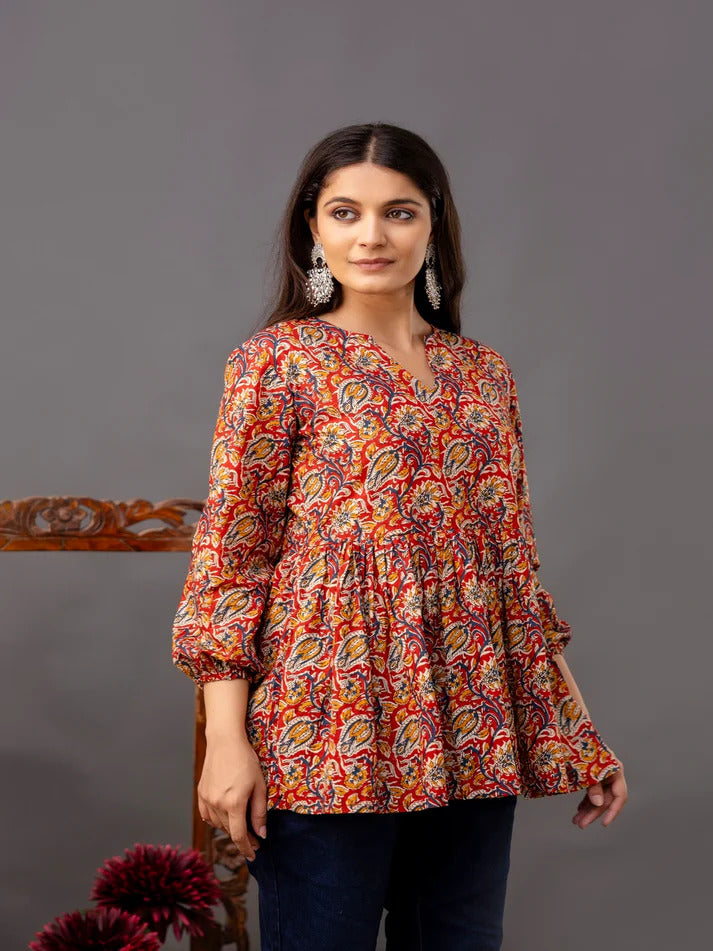 Pure Cotton Maroon Printed Short Kurti Top