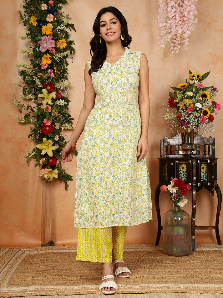 Yellow Green Floral Printed Kurta Palazzo Set