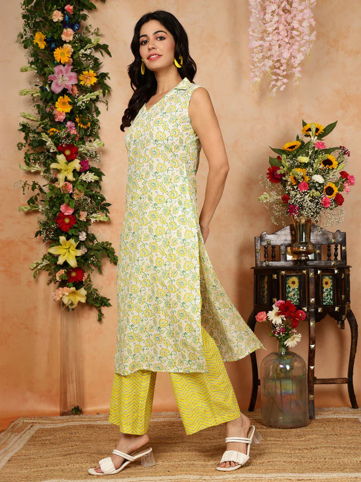 Yellow Green Floral Printed Kurta Palazzo Set