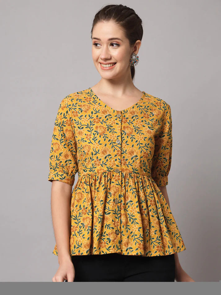 Pure Cotton Mustard Yellow Printed Short Kurti Top