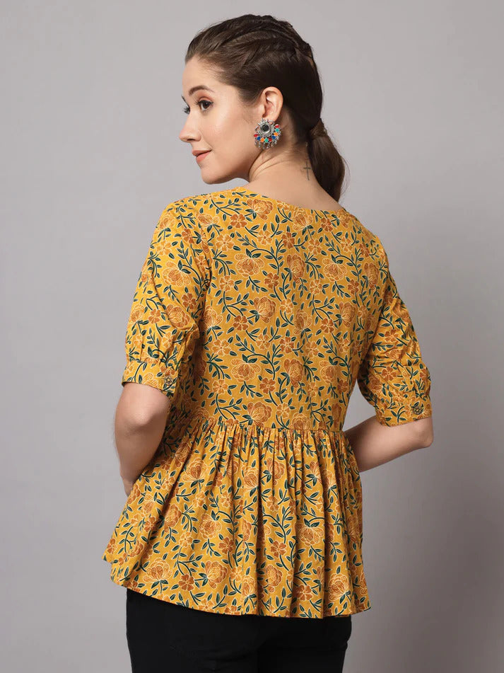 Pure Cotton Mustard Yellow Printed Short Kurti Top