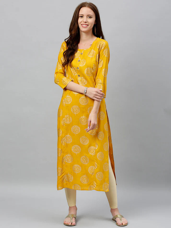 Yellow & Gold Rayon Floral Printed Kurti Top (Top Only)