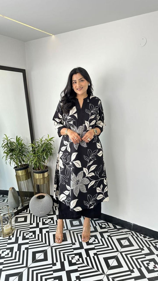 Black & White Floral Printed Kurti Palazzo Set