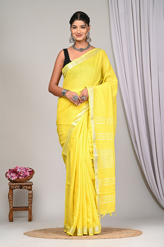 Lemon Yellow Pure Linen Saree with Silver Border