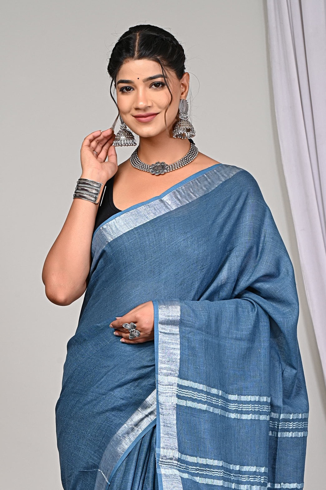 Blue Grey Pure Linen Saree with Silver Border