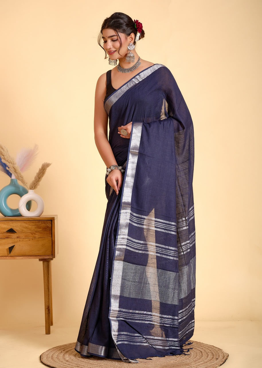 Navy Blue Pure Linen Saree with Silver Border