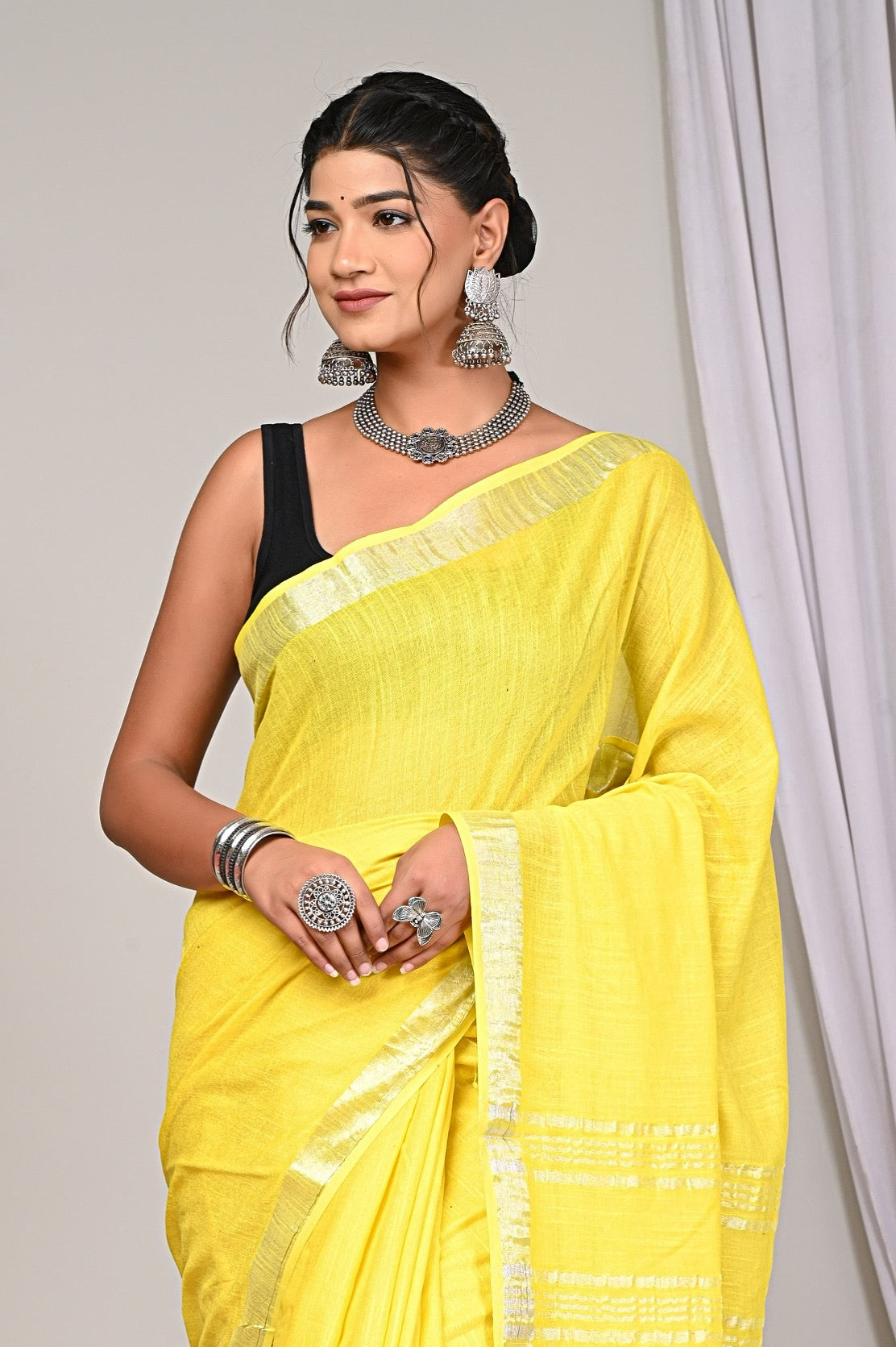 Lemon Yellow Pure Linen Saree with Silver Border