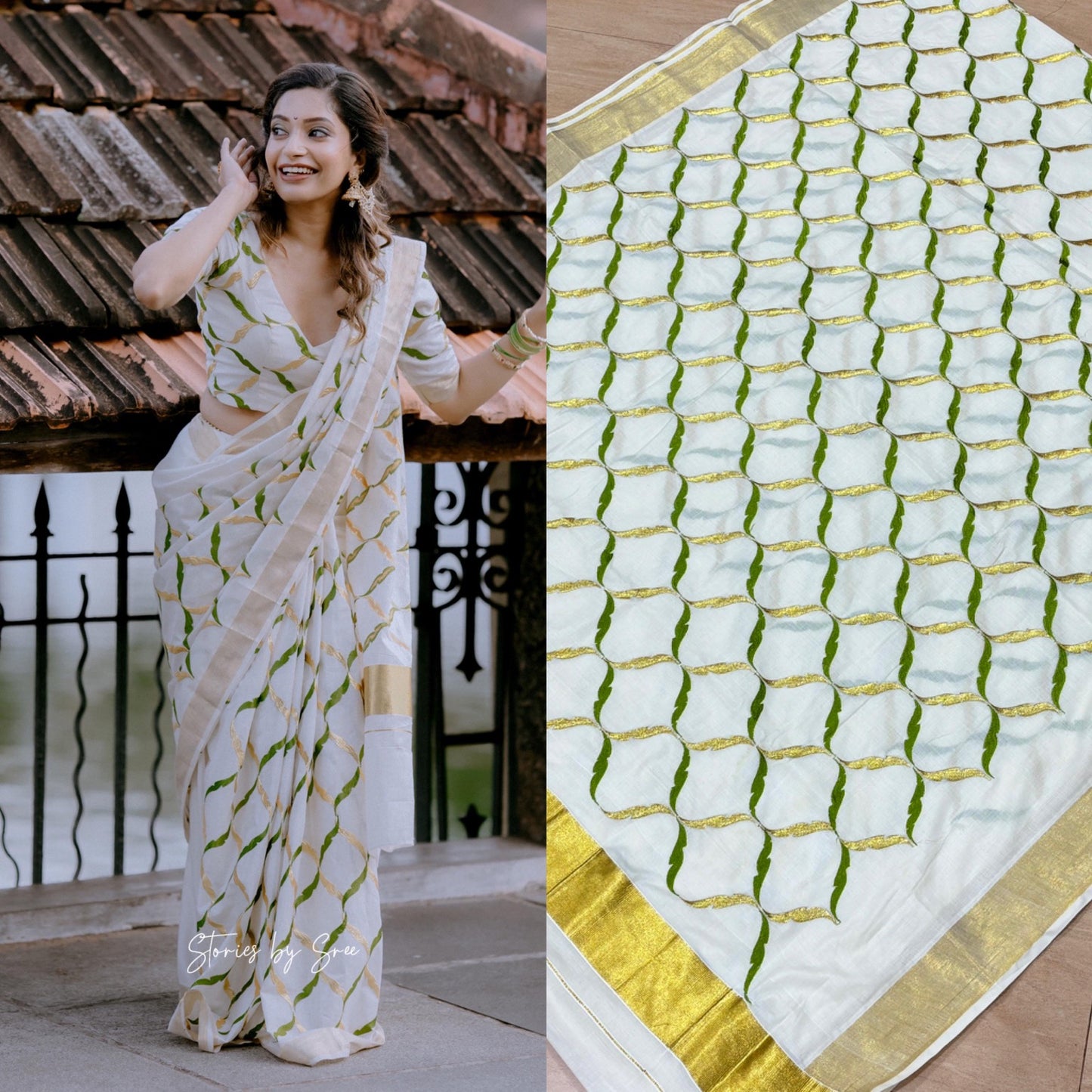 Geometric printed & Embroidered Kerala Cotton Saree