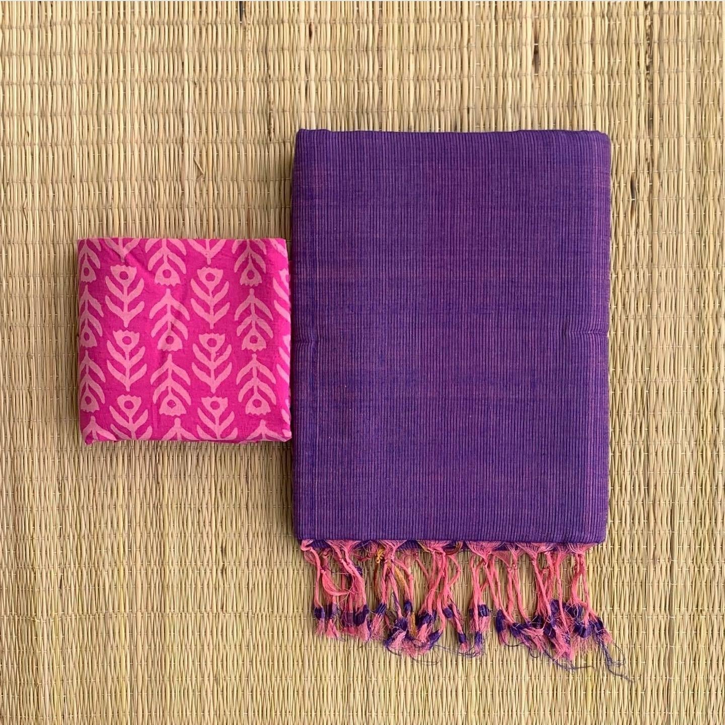 Solid Khadi Cotton Saree with Contrast Ajrack cotton Blouse Piece