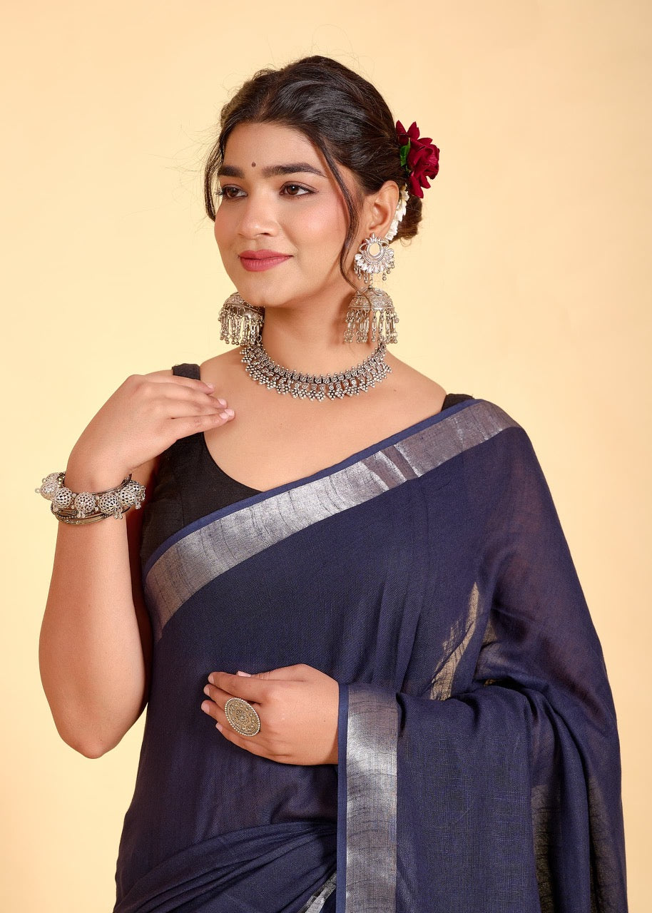 Navy Blue Pure Linen Saree with Silver Border