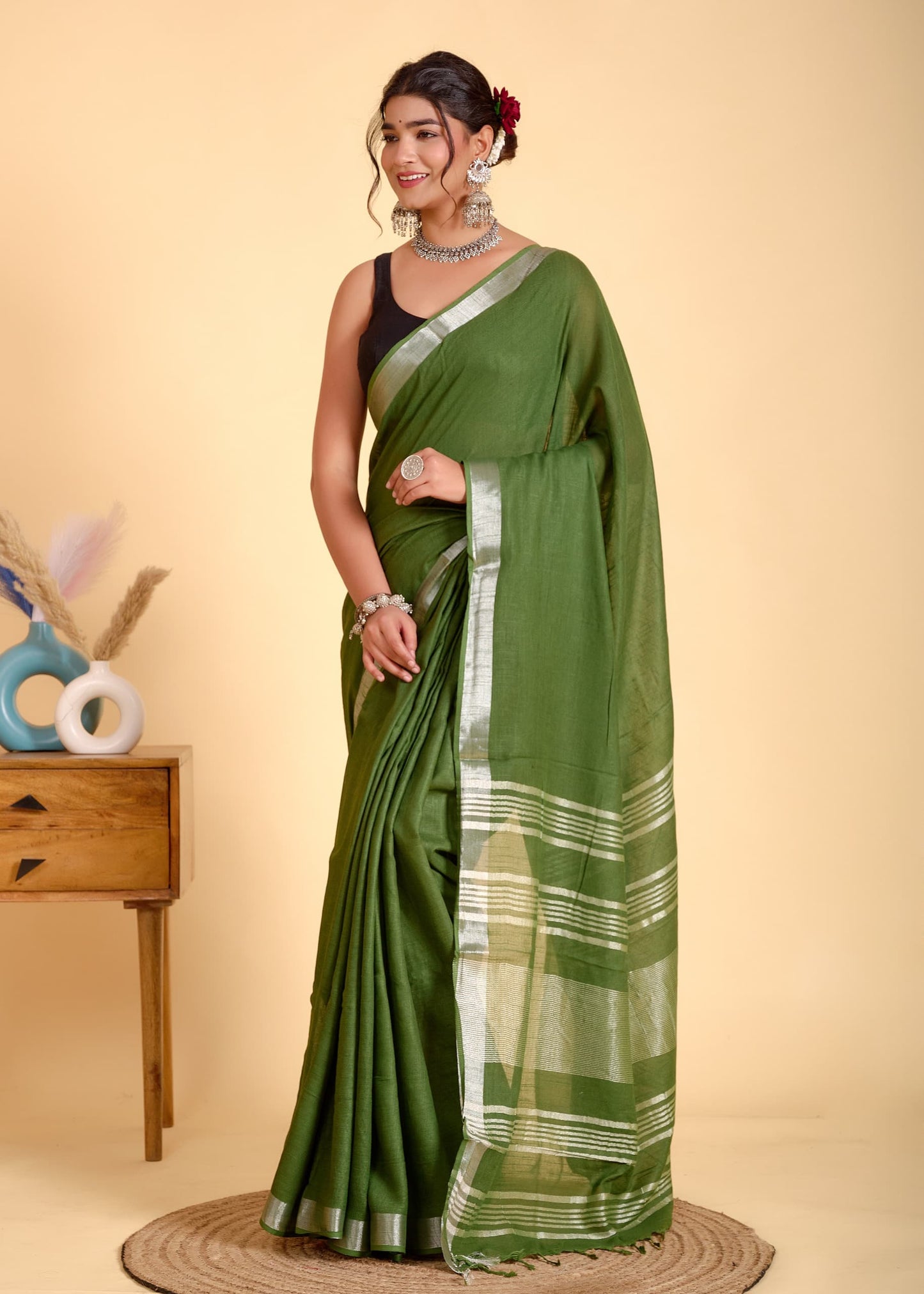 Mehandi Green Linen Saree with Silver Border