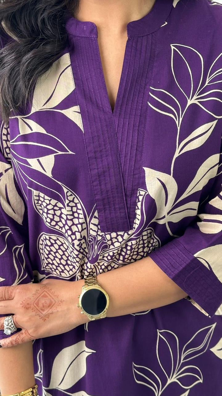 Purple & White Floral Printed Kurti Palazzo Set