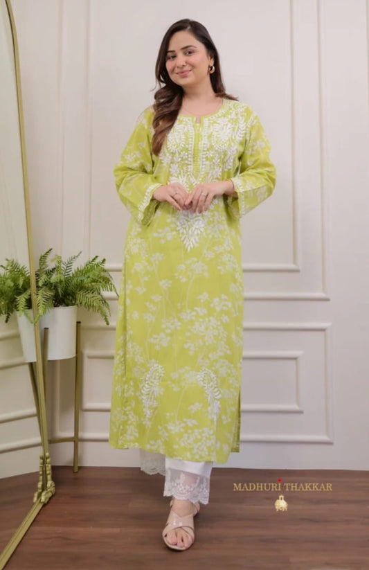 Pista & White Chikankari Kurti Palazzo Set