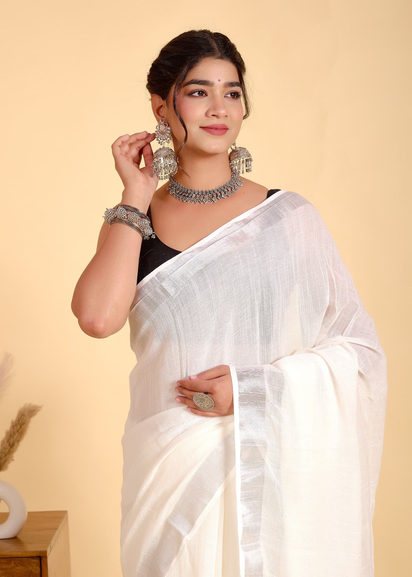 Solid White Linen Saree with Silver Border