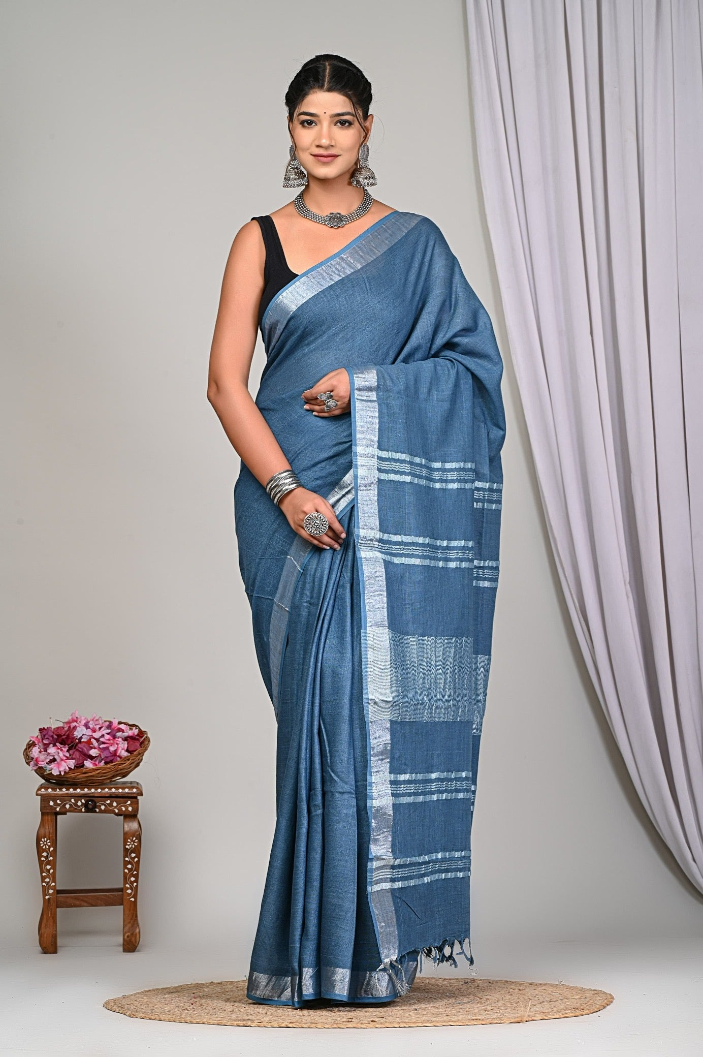 Blue Grey Pure Linen Saree with Silver Border