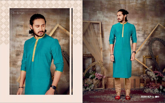 Solid Turquoise Semi Silk Men's kurta Pyjama Set