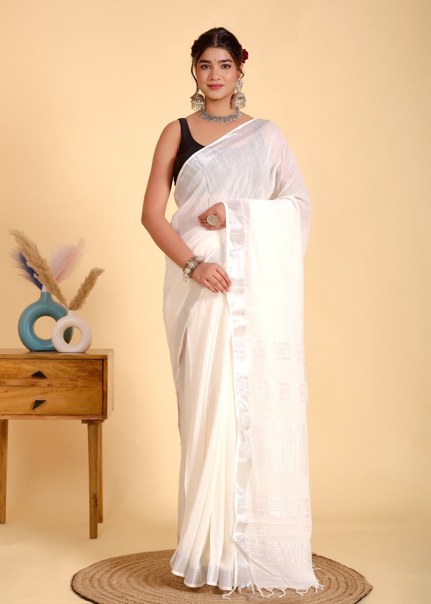 Solid White Linen Saree with Silver Border