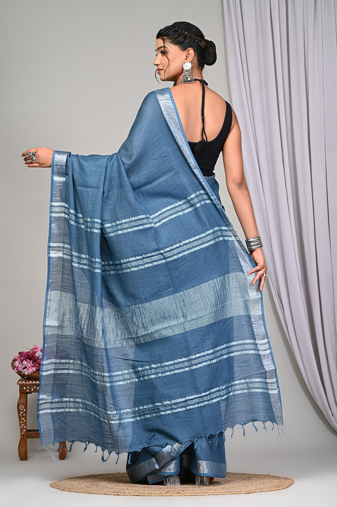 Blue Grey Pure Linen Saree with Silver Border