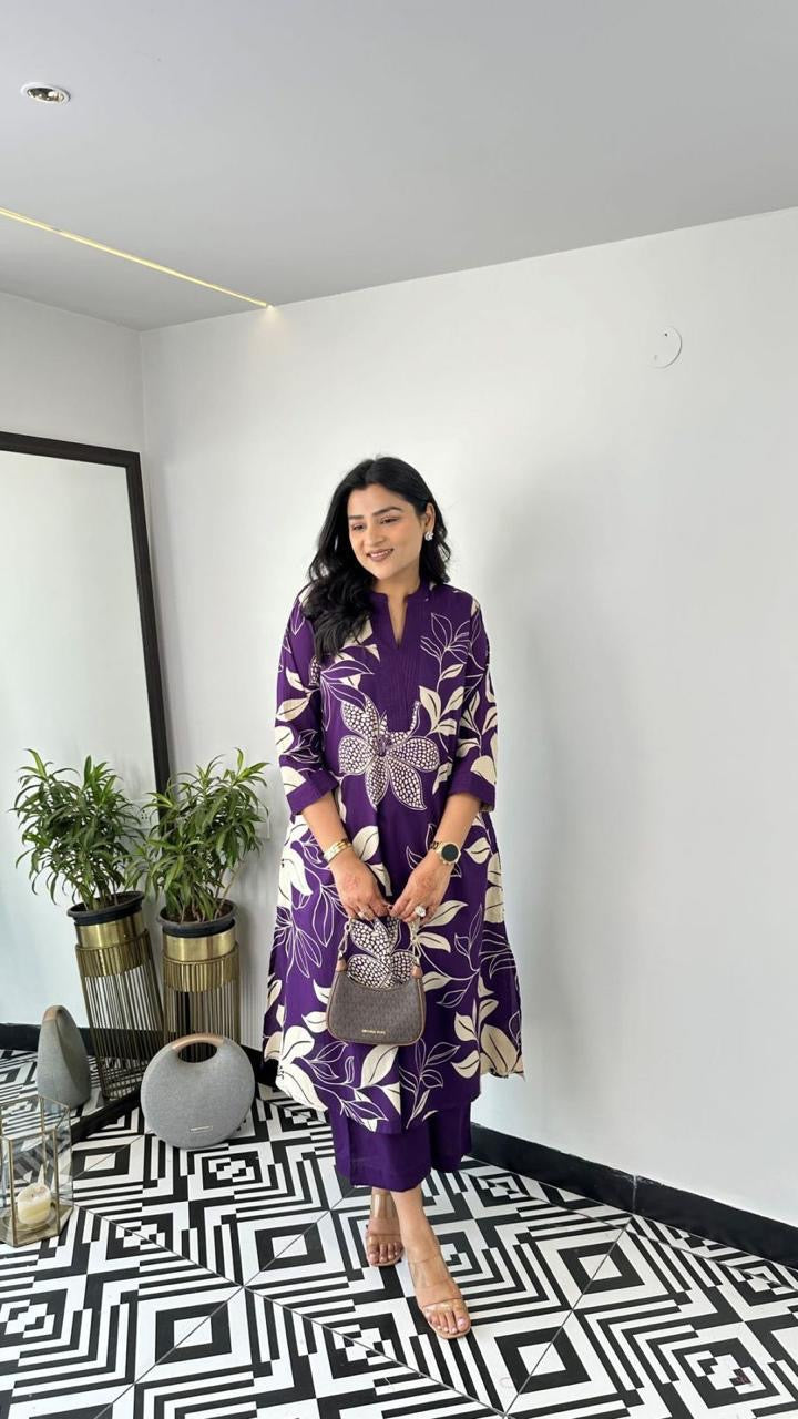 Purple & White Floral Printed Kurti Palazzo Set