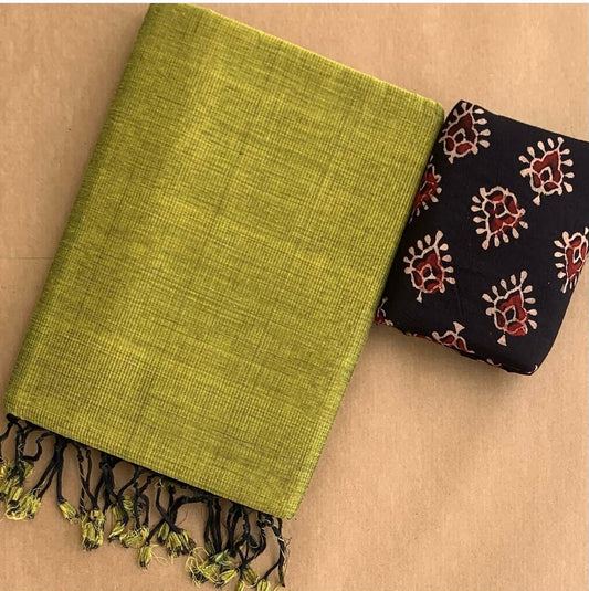 Solid Khadi Cotton Saree with Contrast Ajrack cotton Blouse Piece