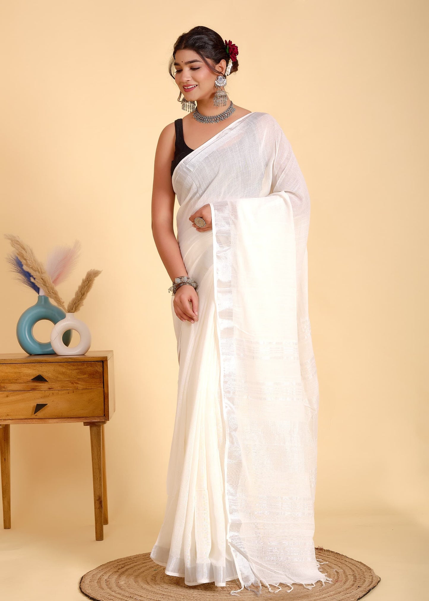 Solid White Linen Saree with Silver Border