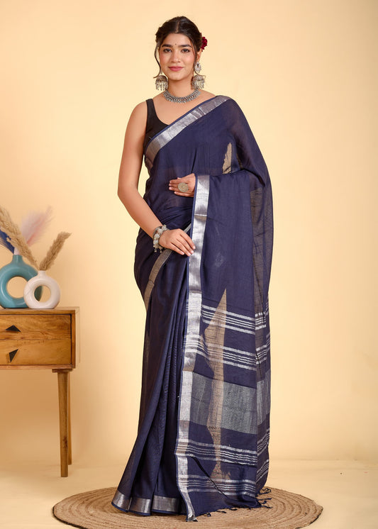 Navy Blue Pure Linen Saree with Silver Border