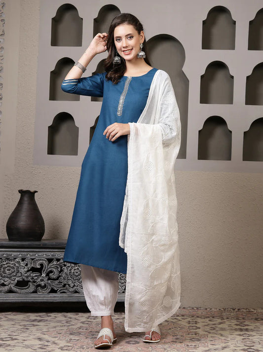 Blue & White Cotton Kurti Palazzo Set with Dupatta