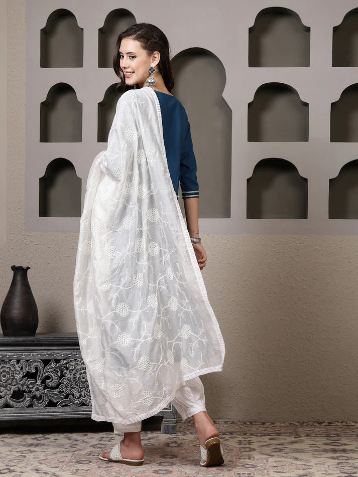 Blue & White Cotton Kurti Palazzo Set with Dupatta