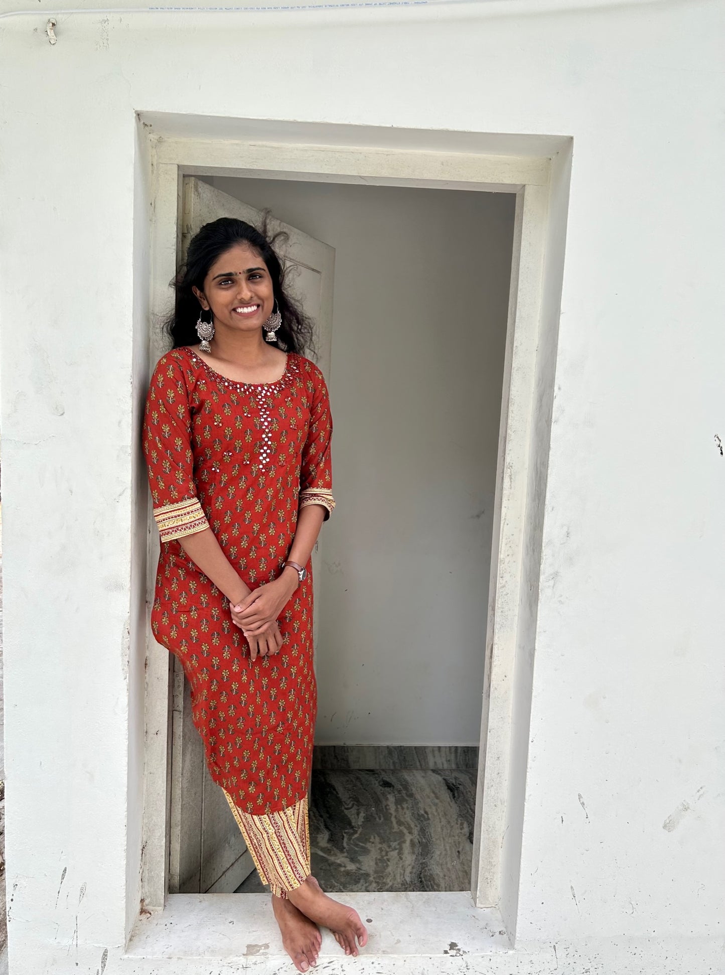 Maroon Block Printed Mirror Embroidered Pure Cotton Kurti Palazzo Set