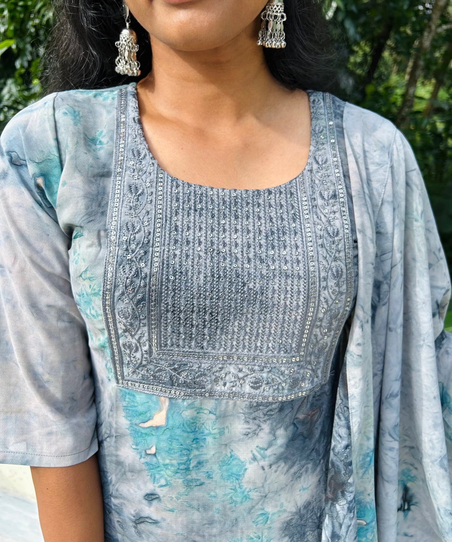 Shades of Grey & Blue Crepe Yoke Embroidered Kurti with Palazzo & Dupatta