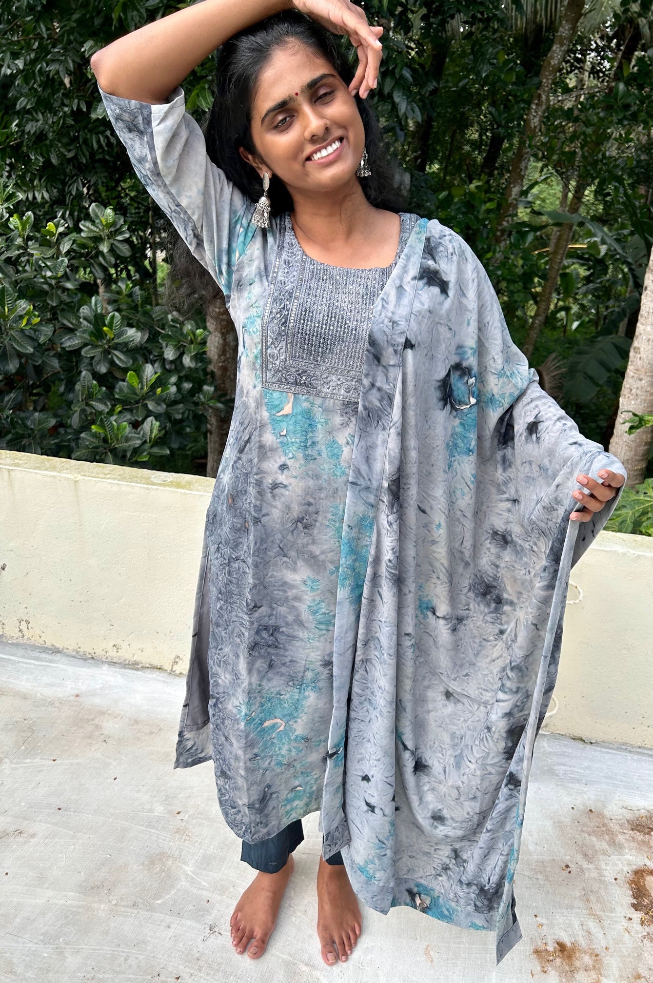 Shades of Grey & Blue Crepe Yoke Embroidered Kurti with Palazzo & Dupatta