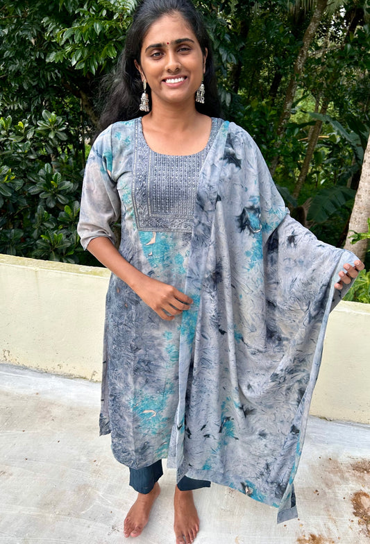 Shades of Grey & Blue Crepe Yoke Embroidered Kurti with Palazzo & Dupatta