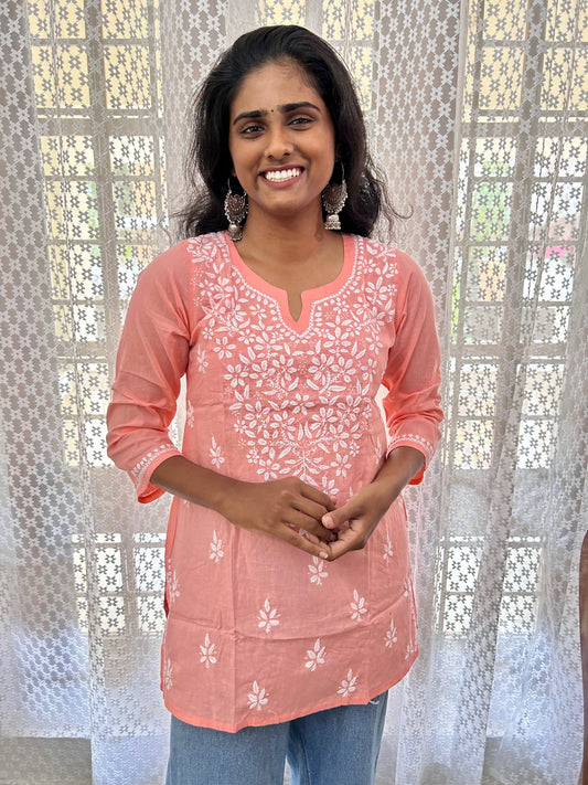 Pure Cotton Peach Lakhnavi Chikankari Short Kurti Top