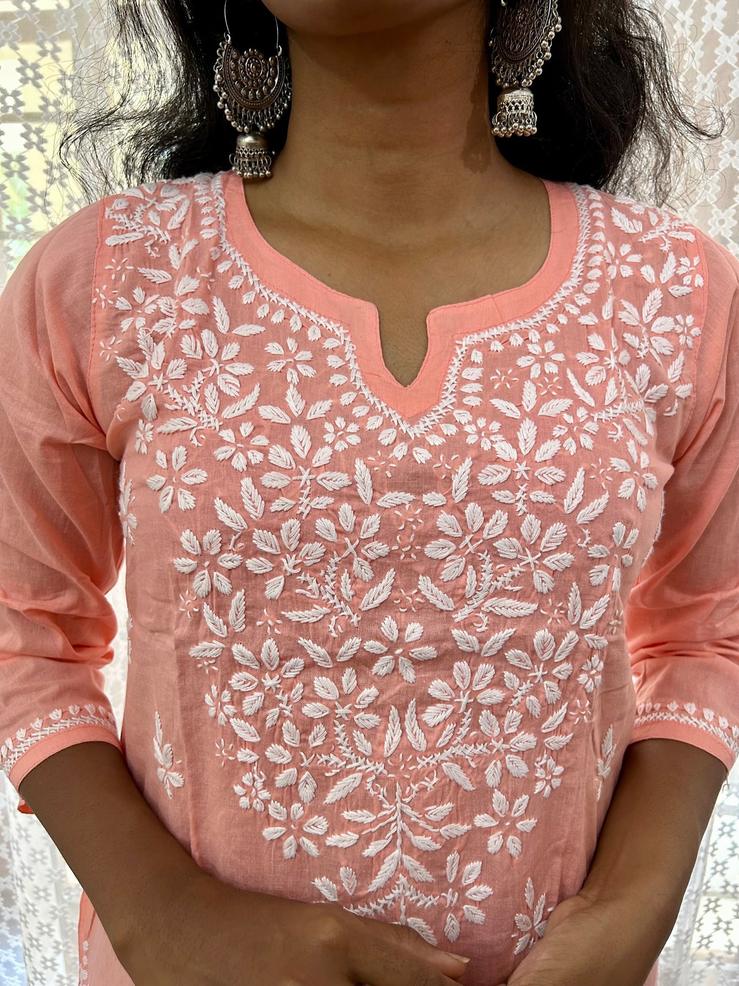 Pure Cotton Peach Lakhnavi Chikankari Short Kurti Top