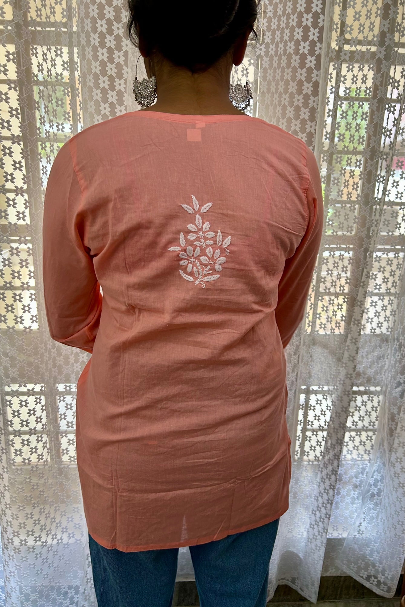 Pure Cotton Peach Lakhnavi Chikankari Short Kurti Top