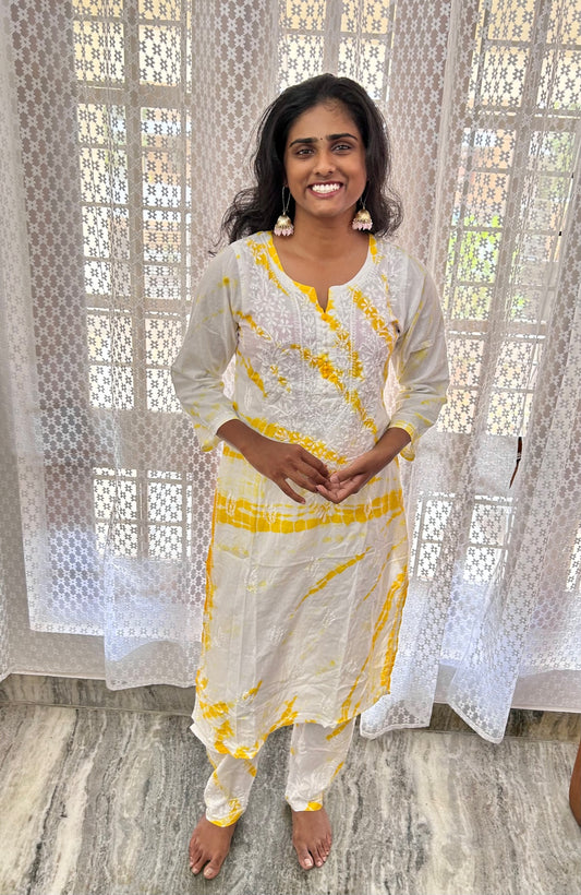 Yellow Lakhnavi Chikankari Tie & Die Pure Cotton Kurti Palazzo Set