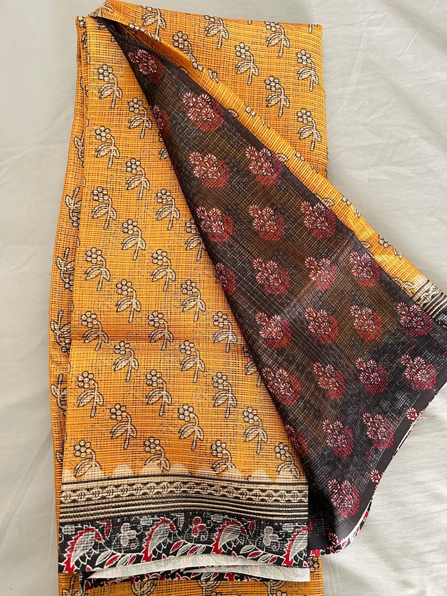 Yellow & Black Digital printed Kota Doria Saree