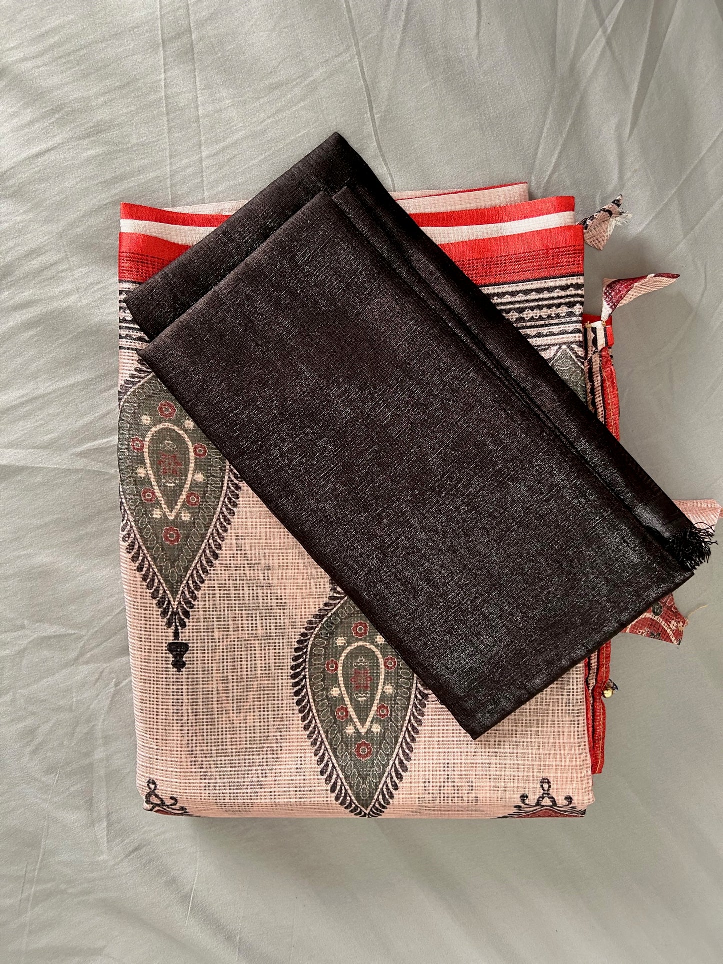 Black & Beige Block printed Kota Doria Saree