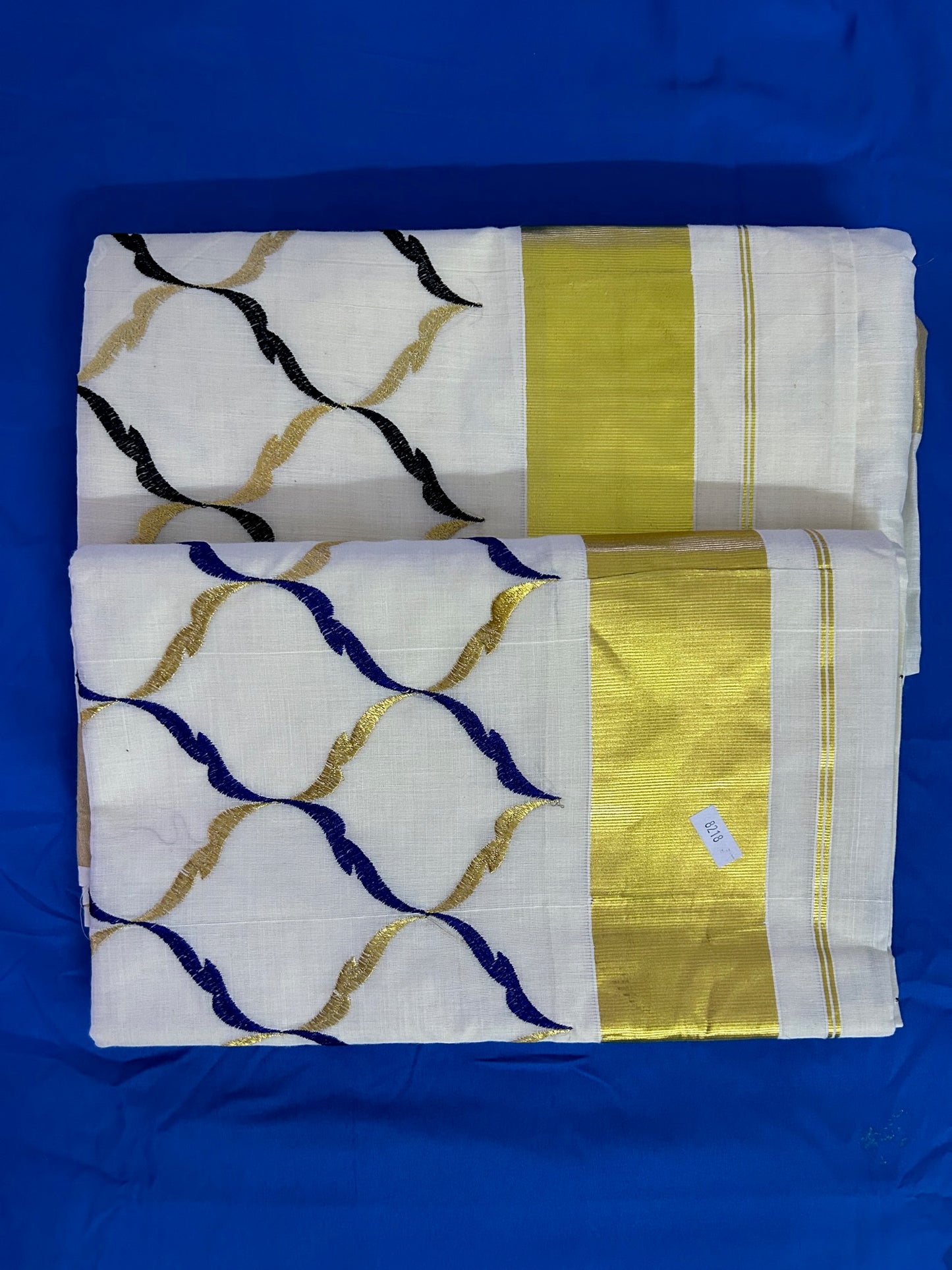 Geometric printed & Embroidered Kerala Cotton Saree