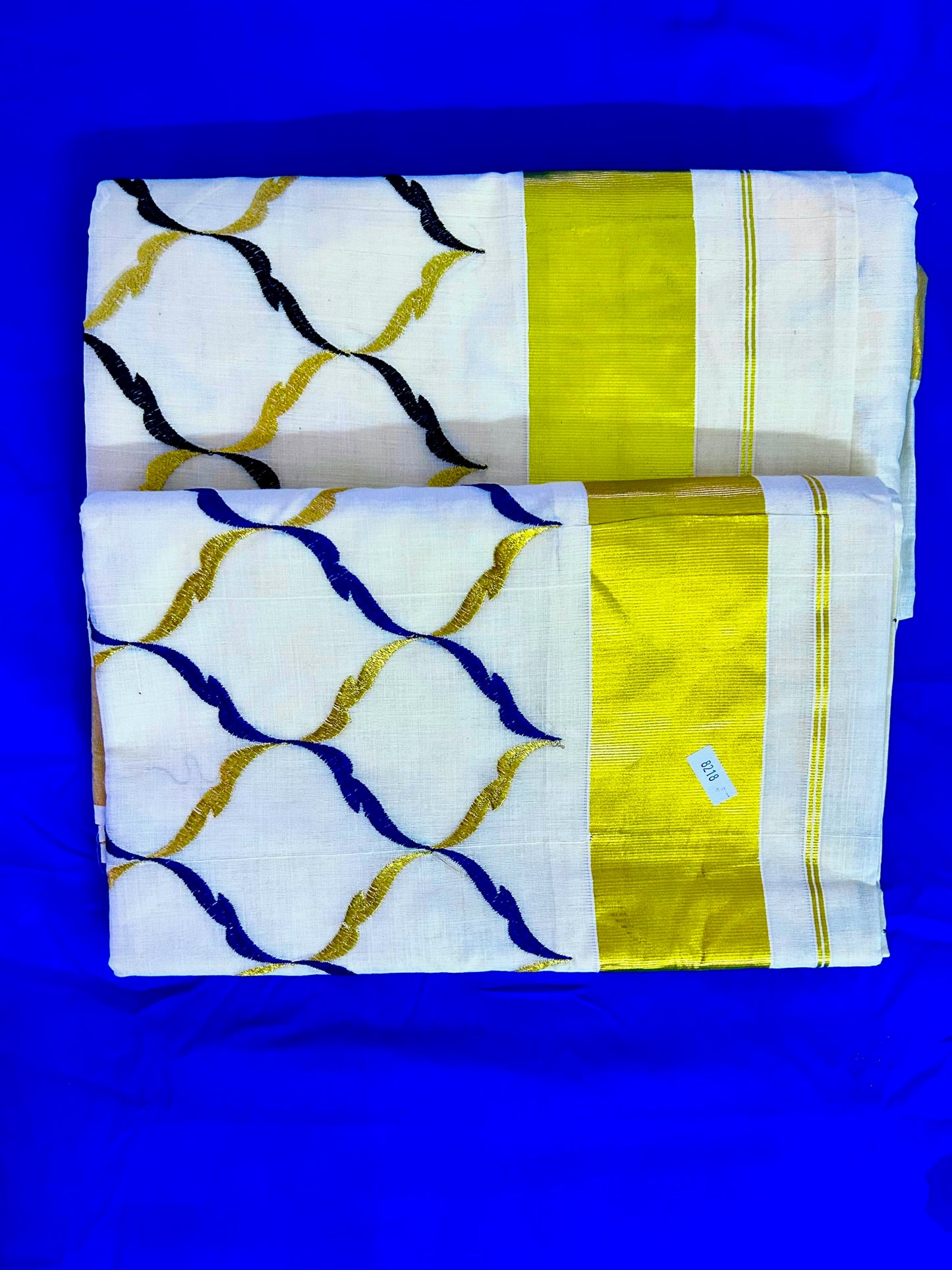 Geometric printed & Embroidered Kerala Cotton Saree