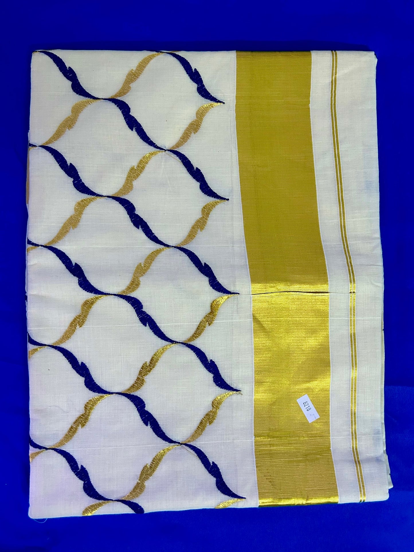 Geometric printed & Embroidered Kerala Cotton Saree