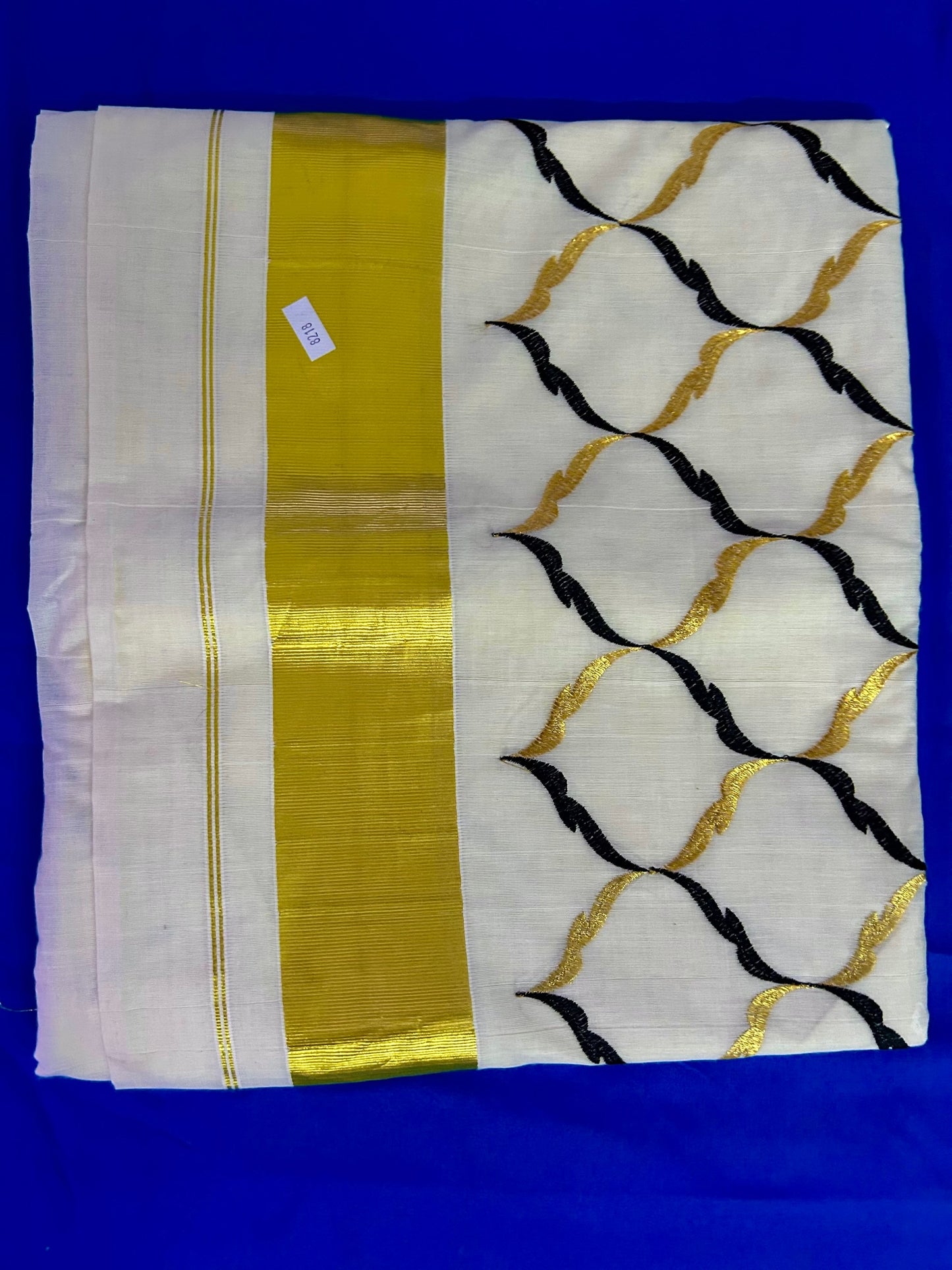 Geometric printed & Embroidered Kerala Cotton Saree