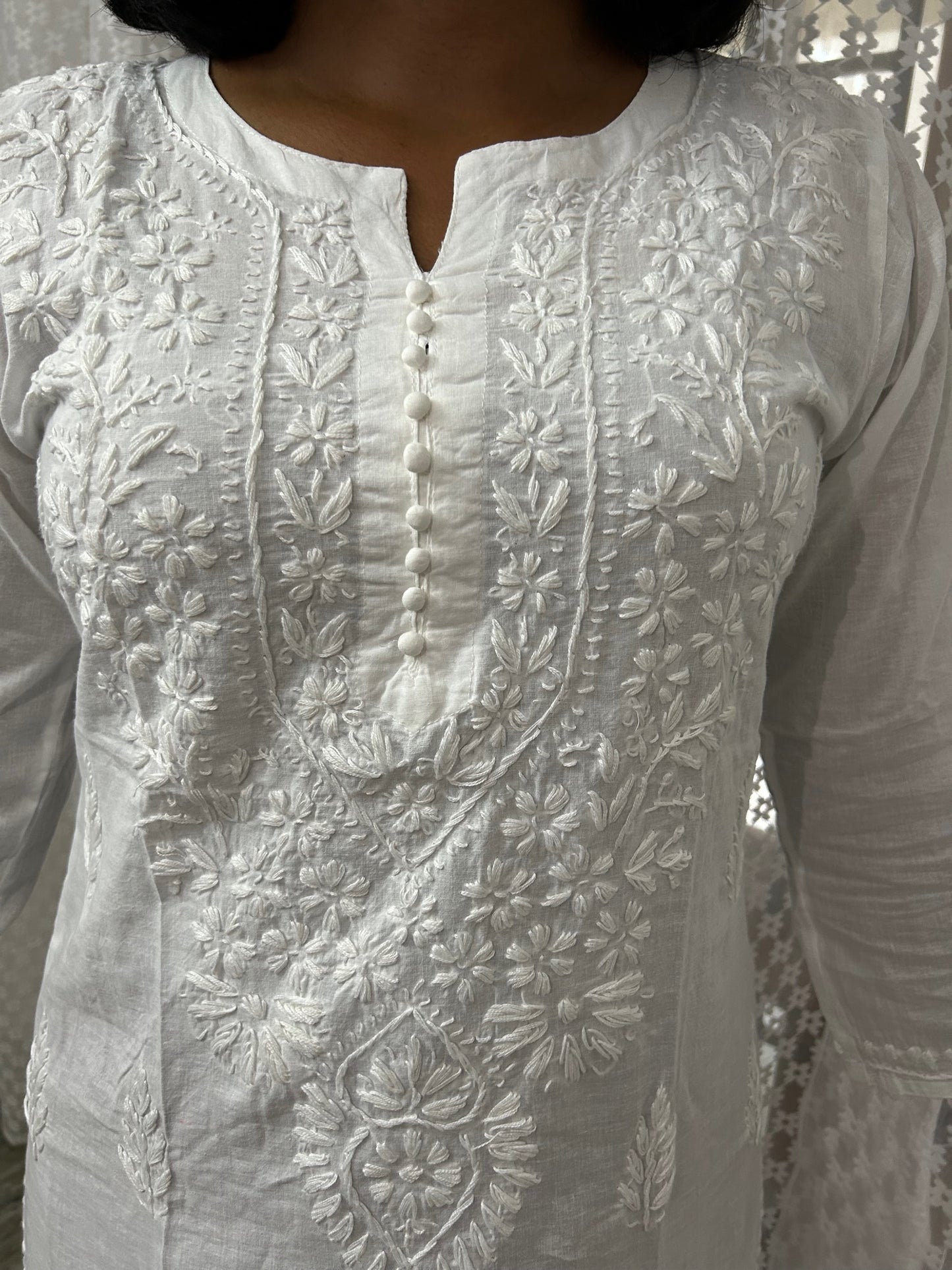 White Soft Cotton Lakhnavi Chikankari Kurti Top (Top Only)